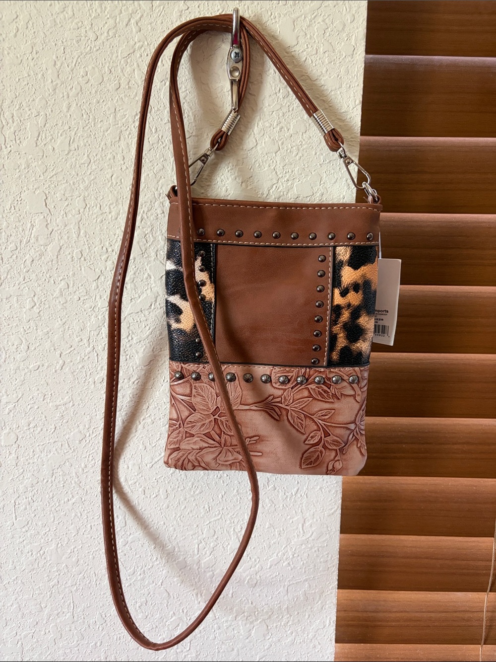 Jade Brown Floral & Leopard-Accent Patchwork Design Crossbody Bag